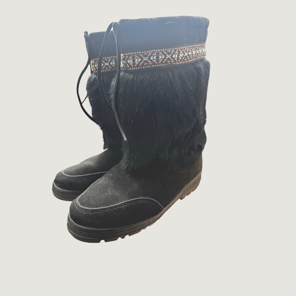 Women's Black Suede Mid-Calf Winter Boots Fur Trim Geometric Lined Pull On